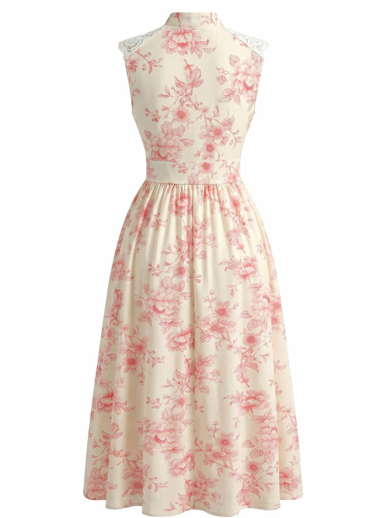 retro midi dress 1940s Floral Stand Collar Lace Midi Dress