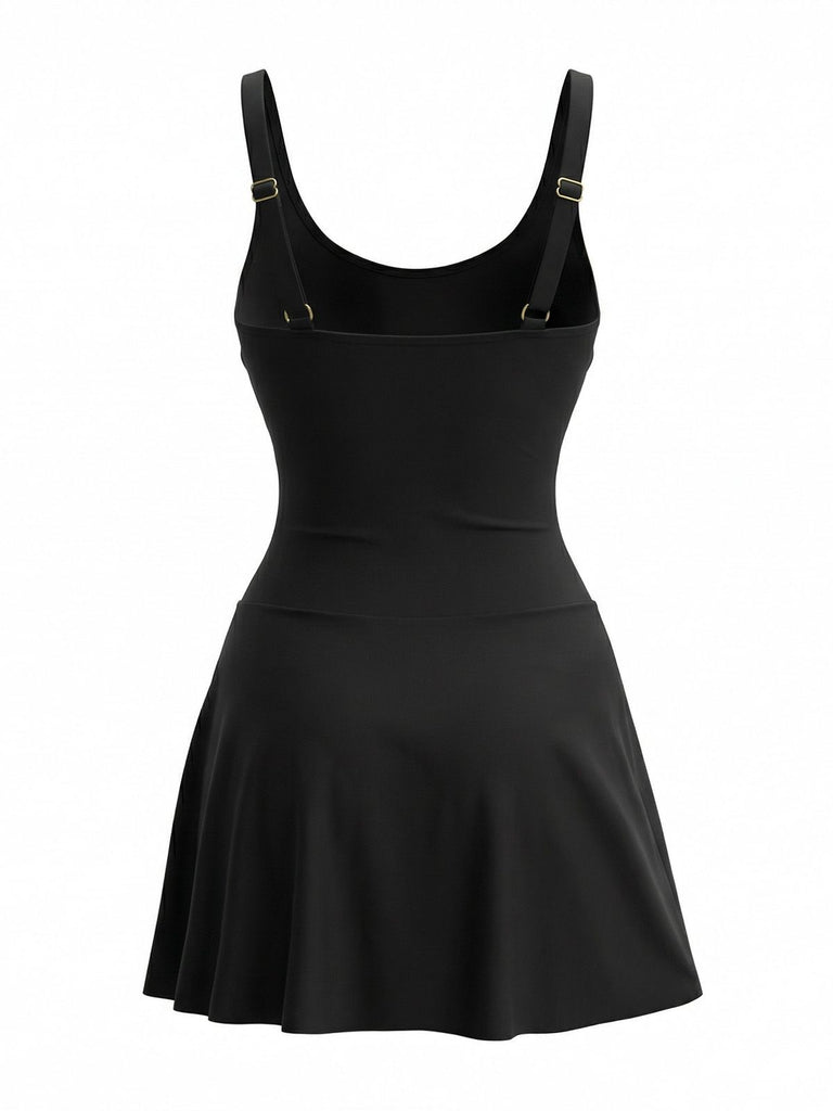1940s Floral Strappy Scoop-Neck Tie Mesh Swim Dress - vintage dress, retro fashion