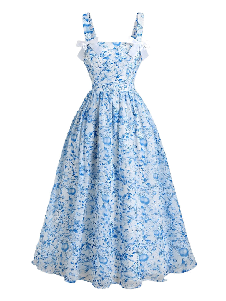 Blue Square Neck Starry Night Bow Swing Dress