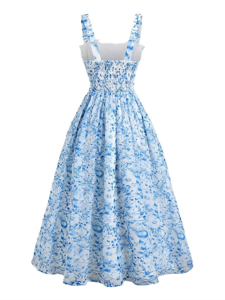 Blue Square Neck Starry Night Bow Swing Dress Blue Square Neck Starry Night Bow Swing Dress