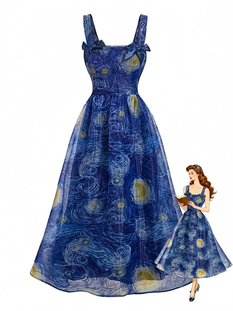 Blue Square Neck Starry Night Bow Swing Dress Blue Square Neck Starry Night Bow Swing Dress