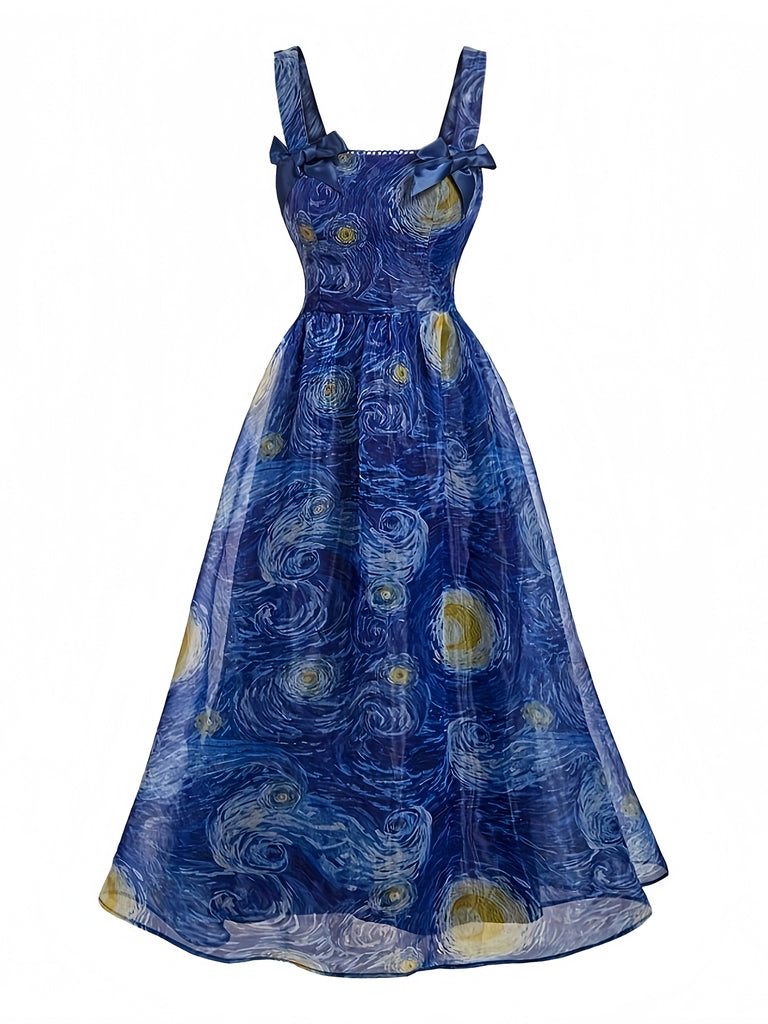 Blue Square Neck Starry Night Bow Swing Dress
