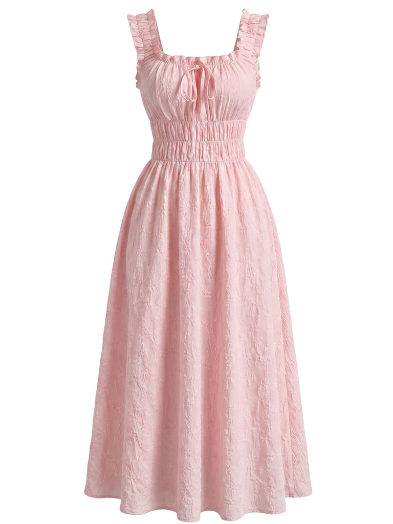 1940s Square Neck Textured Smoked Waist Ruffle Strap Dress