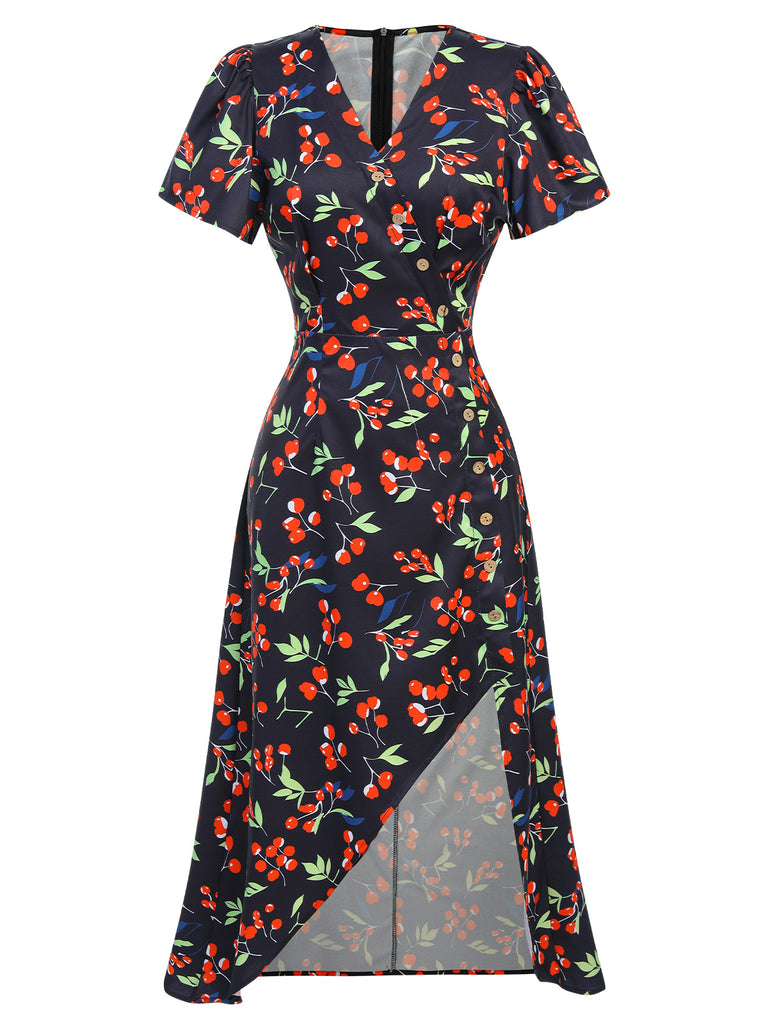 Retro Stage Ditsy V-Neck Midi Floral Dress for Daily Casual Picnic Vacation in Red Retro Stage Ditsy V-Neck Midi Floral Dress for Daily Casual Picnic Vacation in Red