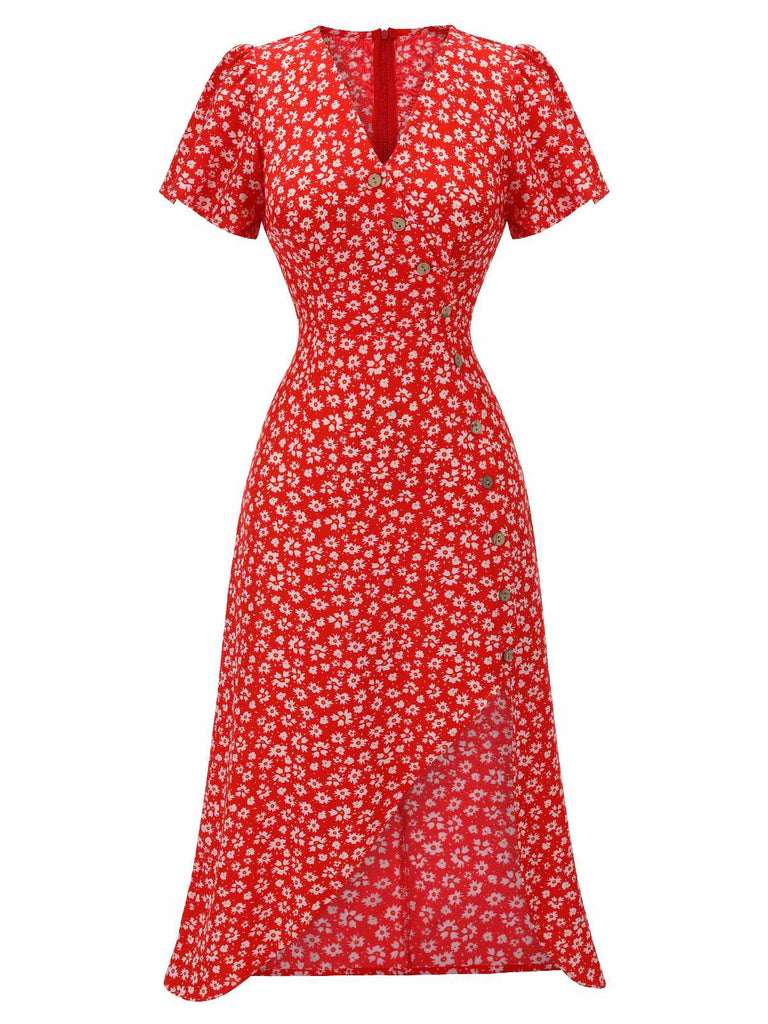 Retro Stage Slit Midi Dress With Floral Print and Button For Daily Casual Red Retro Stage Slit Midi Dress With Floral Print and Button For Daily Casual Red