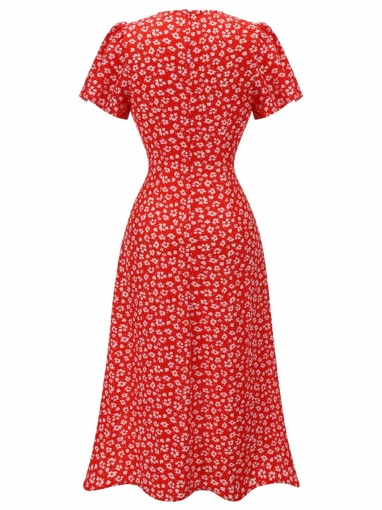 Retro Stage Ditsy V-Neck Midi Floral Dress for Daily Casual Picnic Vacation in Red Retro Stage Ditsy V-Neck Midi Floral Dress for Daily Casual Picnic Vacation in Red