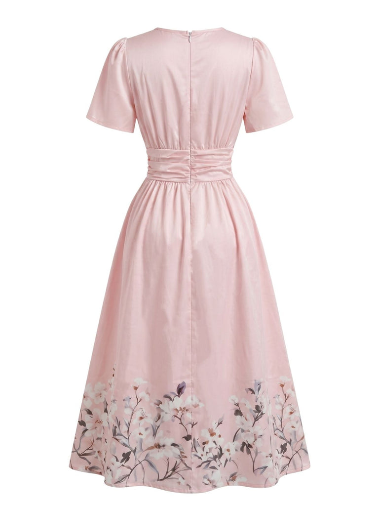 1940s Floral V-Neck High Waist Umbrella Dress
