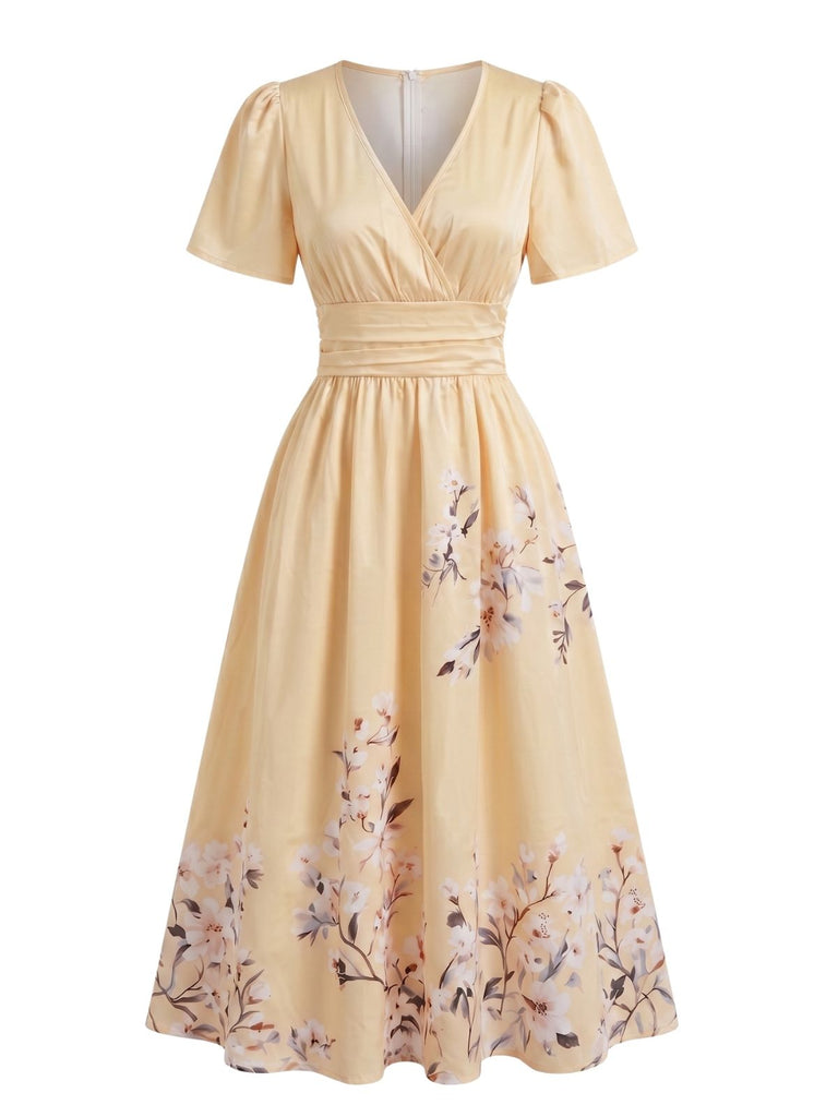 Vintage Floral V-Neck High Waist Umbrella Dress 50s Housewife Dress Pink