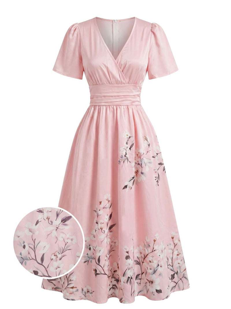 1940s Floral V-Neck High Waist Umbrella Dress