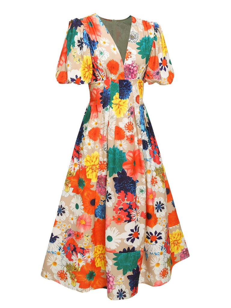 Retro Stage Floral V-Neck Lantern Sleeve Midi Dress Bohemian Dress