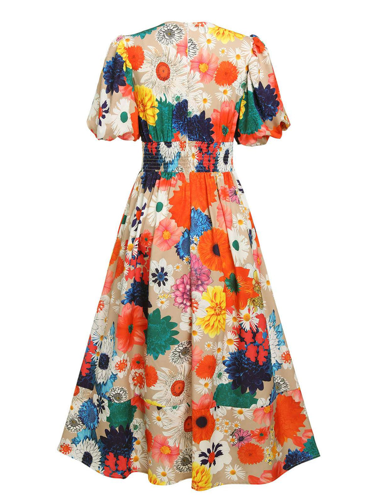 Women's Floral V-Neck Lantern Sleeve Vintage Bohemian Style Midi Dress,M