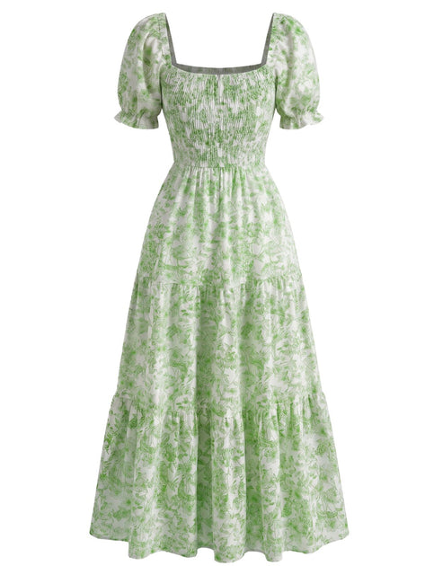 1940s Floral Wrinkle Square Neck Dress