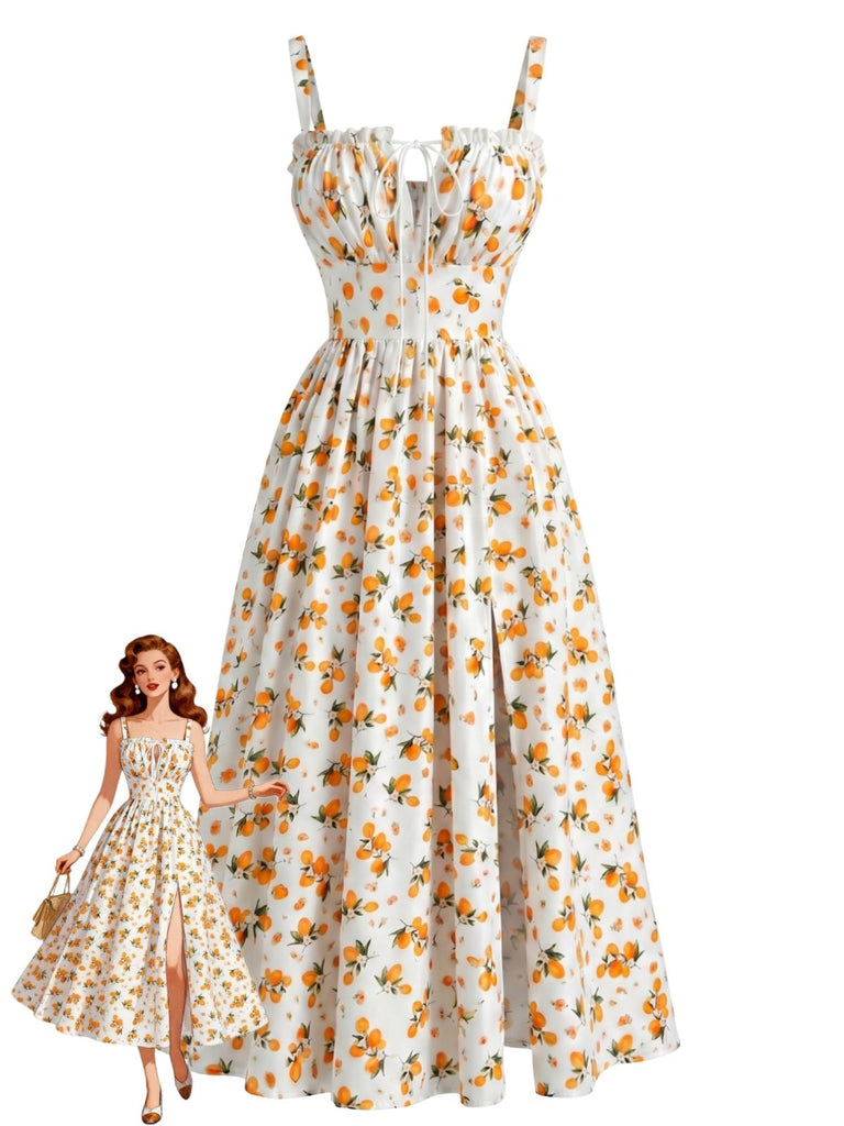 Vintage Fruit Floral Tie Front Ruched A-Line Slit Midi Dress