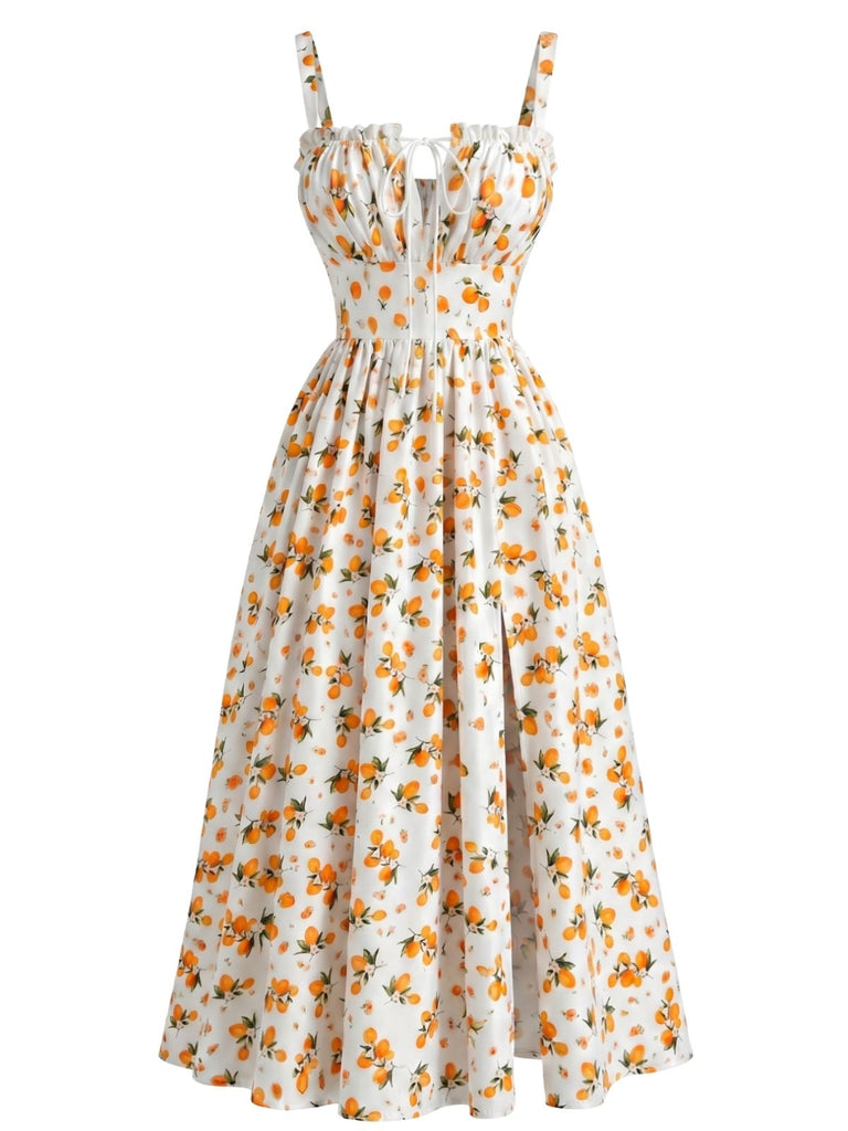 1940s Fruit Floral Tie Front Ruched A-Line Slit Midi Dress, vintage dress, retro fashion, floral print - perfect for women who love vintage and retro fashion