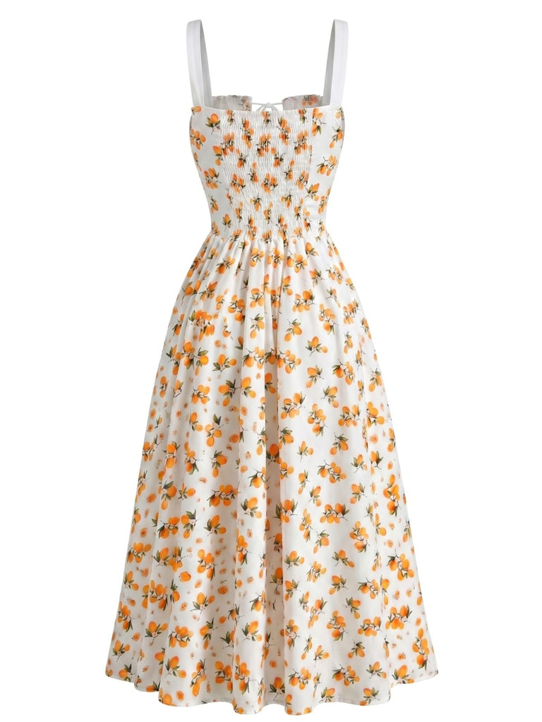 Vintage Fruit Floral Tie Front Ruched A-Line Slit Midi Dress