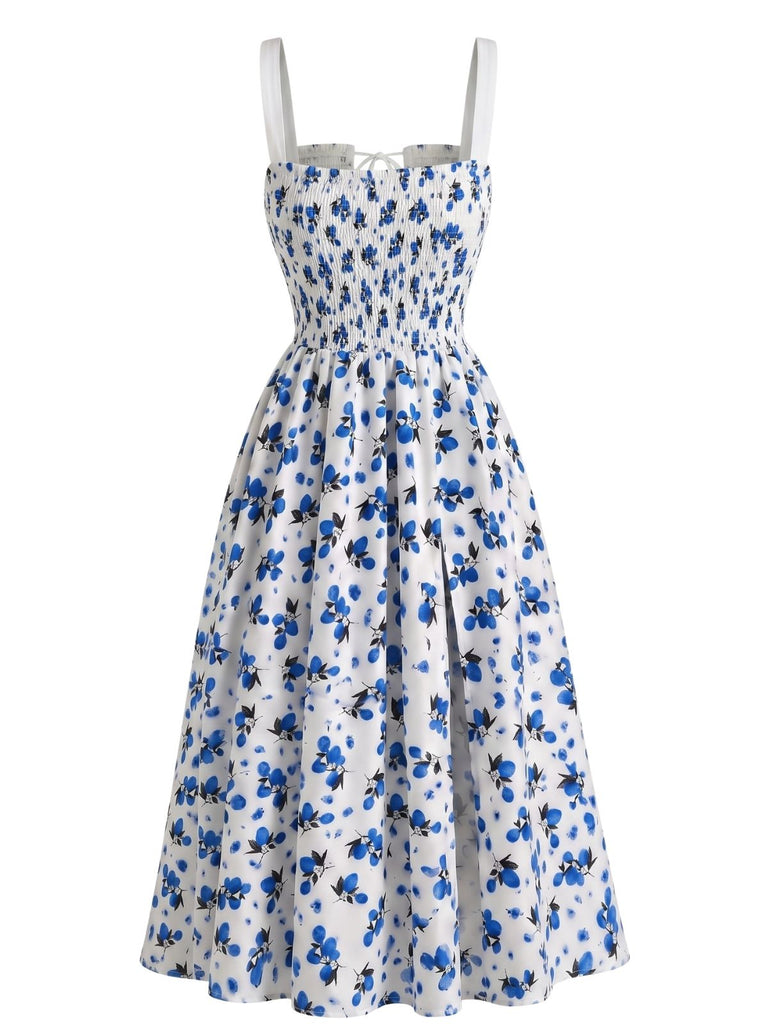 1940s Fruit Floral Tie Front Ruched A-Line Slit Midi Dress, vintage dress, retro fashion, floral print - perfect for women who love vintage and retro fashion