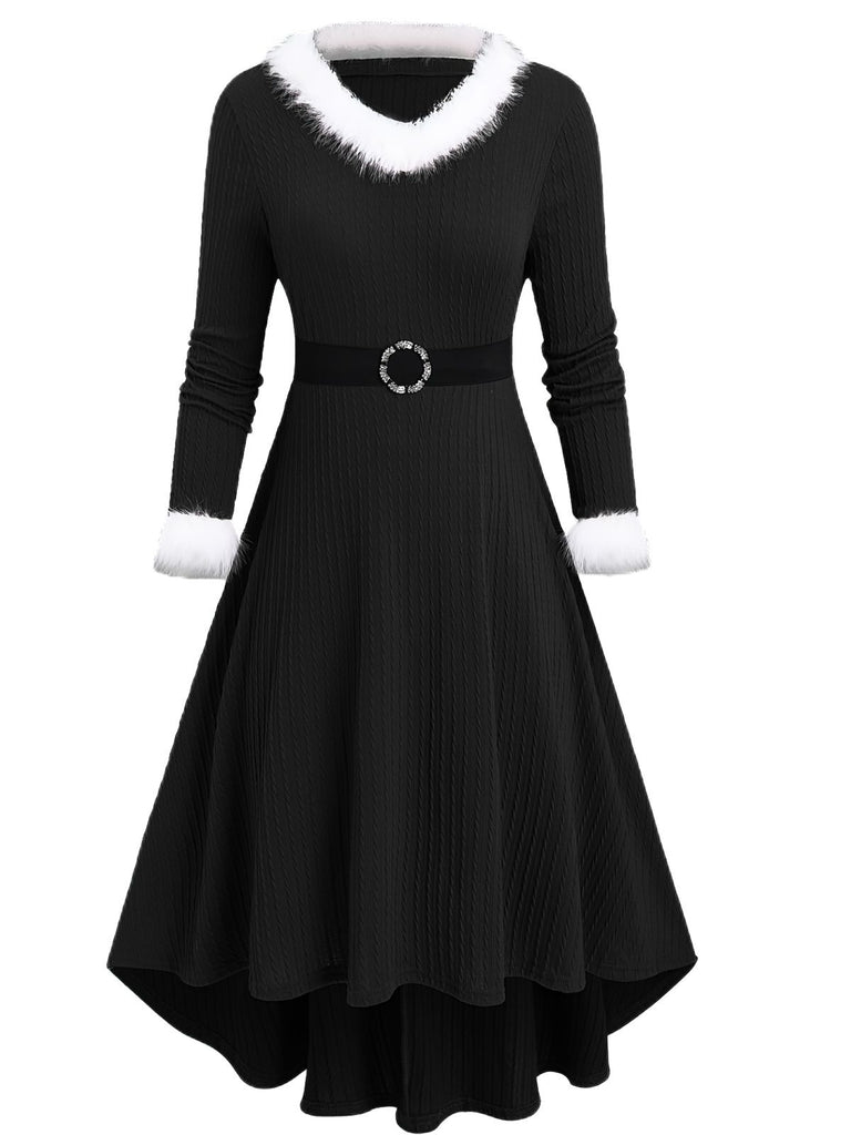 [Plus-Size] 1940s Fur Collar V-Neck Belted Dress