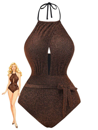 She's wearing 1940s Glitter Halter Cutout Bow One-Piece Swimsuit and the whole beach remembers the 1940s