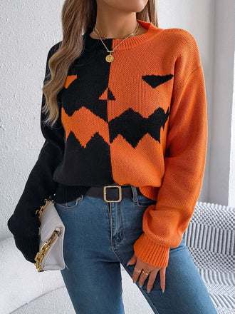 1940s Halloween Pumpkin Face ColorBlock Knit Sweater - vintage fashion, retro style