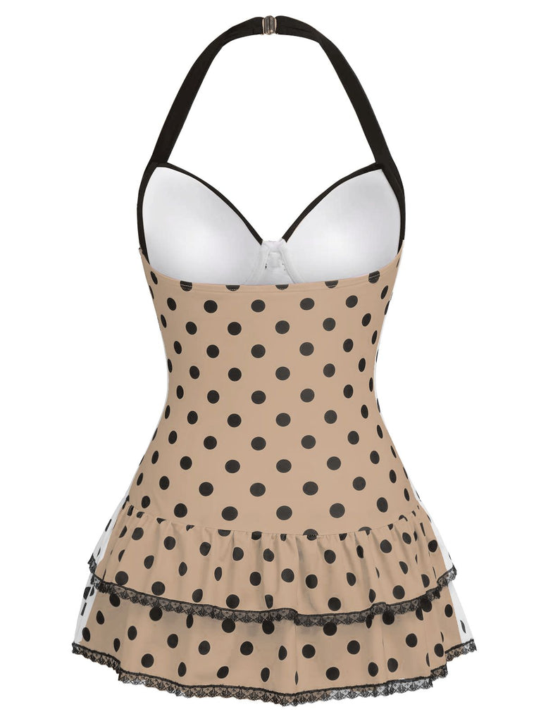 1940s Halter Dot Bow One-Piece Swimsuit: beautiful vintage swimwear, retro swimsuit, pin-up style with timeless appeal