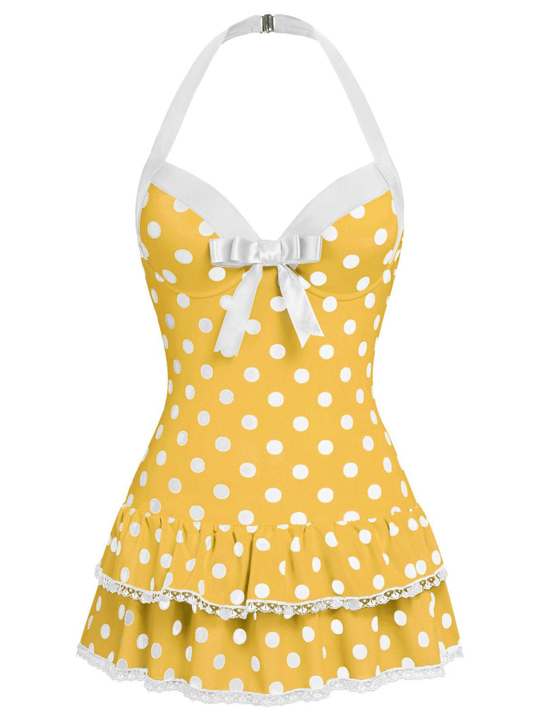vintage swim dress for women Retro Stage Tummy Control Halter Dots Ruffled Hem One Piece Swimsuit Yellow