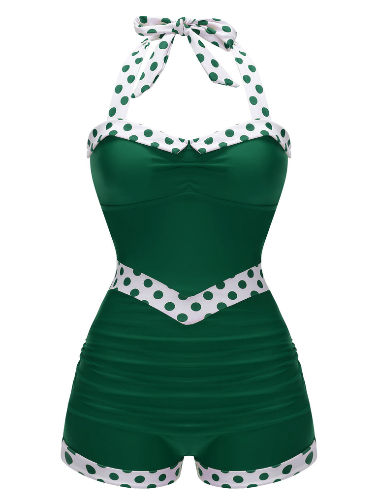 This 1940s Halter Patchwork One-piece Swimsuit carries 1940s vacation dreams in every stitch