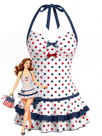 [Pre-Sale] Blue & Red 1940s Polka Dot Bow One Piece One Piece Swimsuit