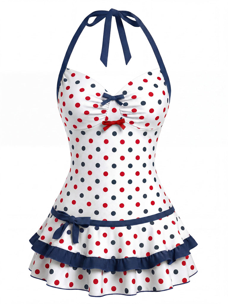 swim dress retro Women's Halter Dots One-piece Swim Dress for Independence Day
