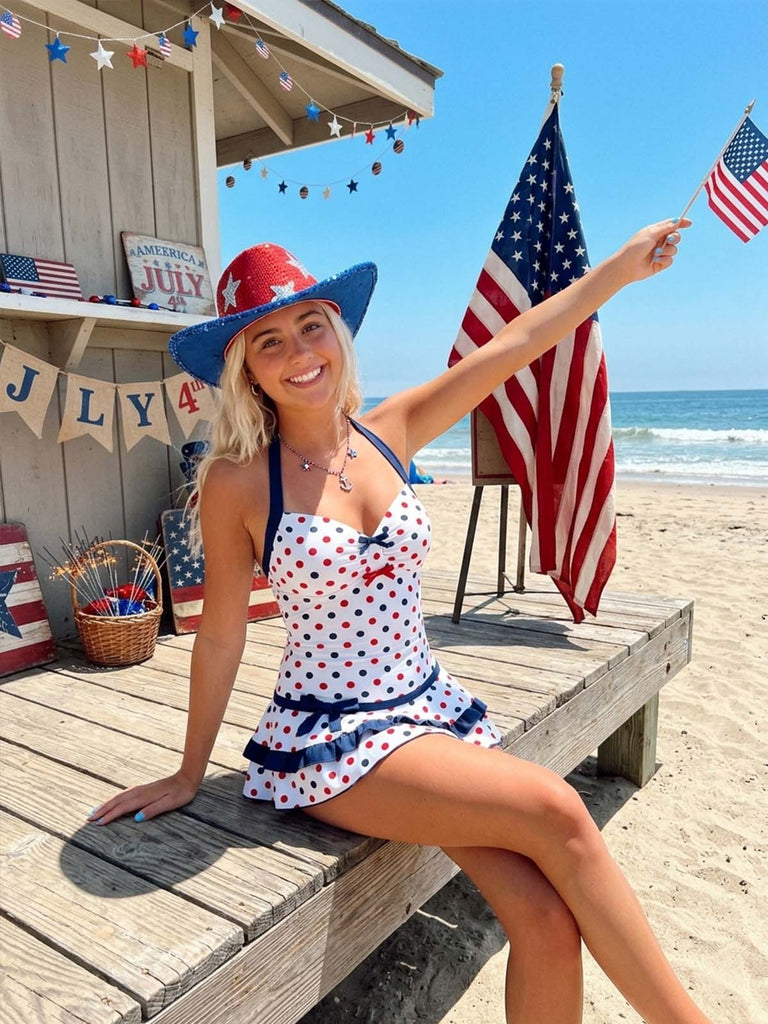 Women's Halter Dots One-piece Swim Dress for Independence Day | 4th of July Swimsuit
