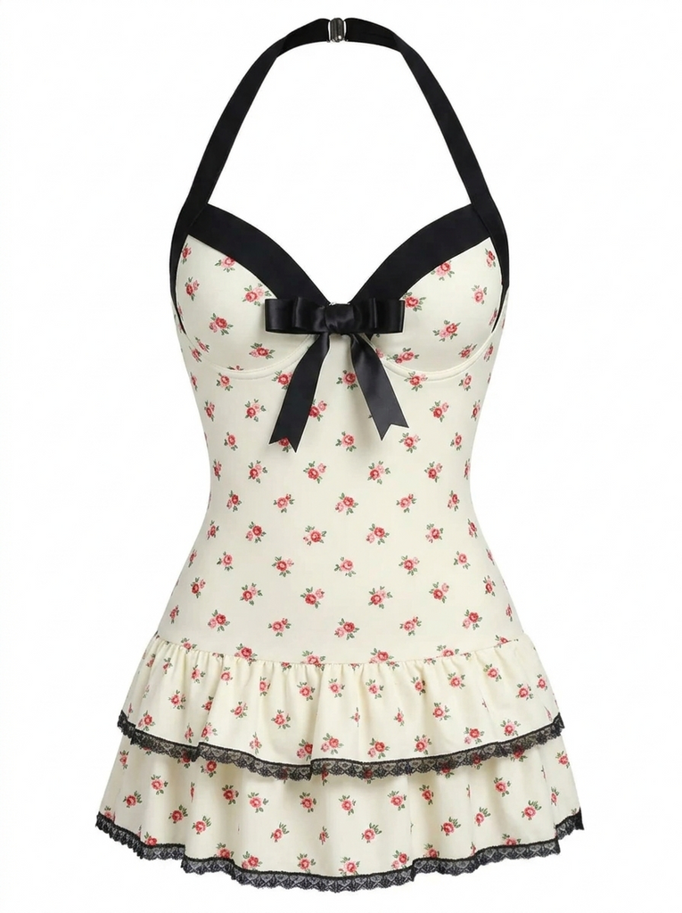 1940s Halter Polka Dots Bow One-Piece Swimsuit, classic vintage style summer beach collection
