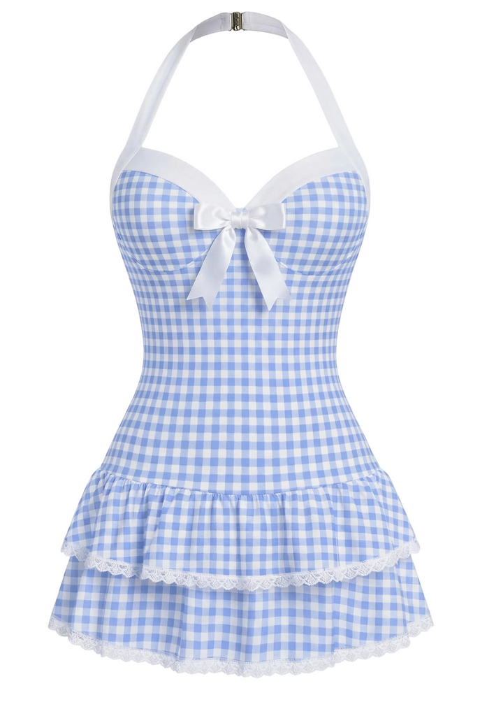 1940s Halter Polka Dots Bow One-Piece Swimsuit, classic vintage style summer beach collection