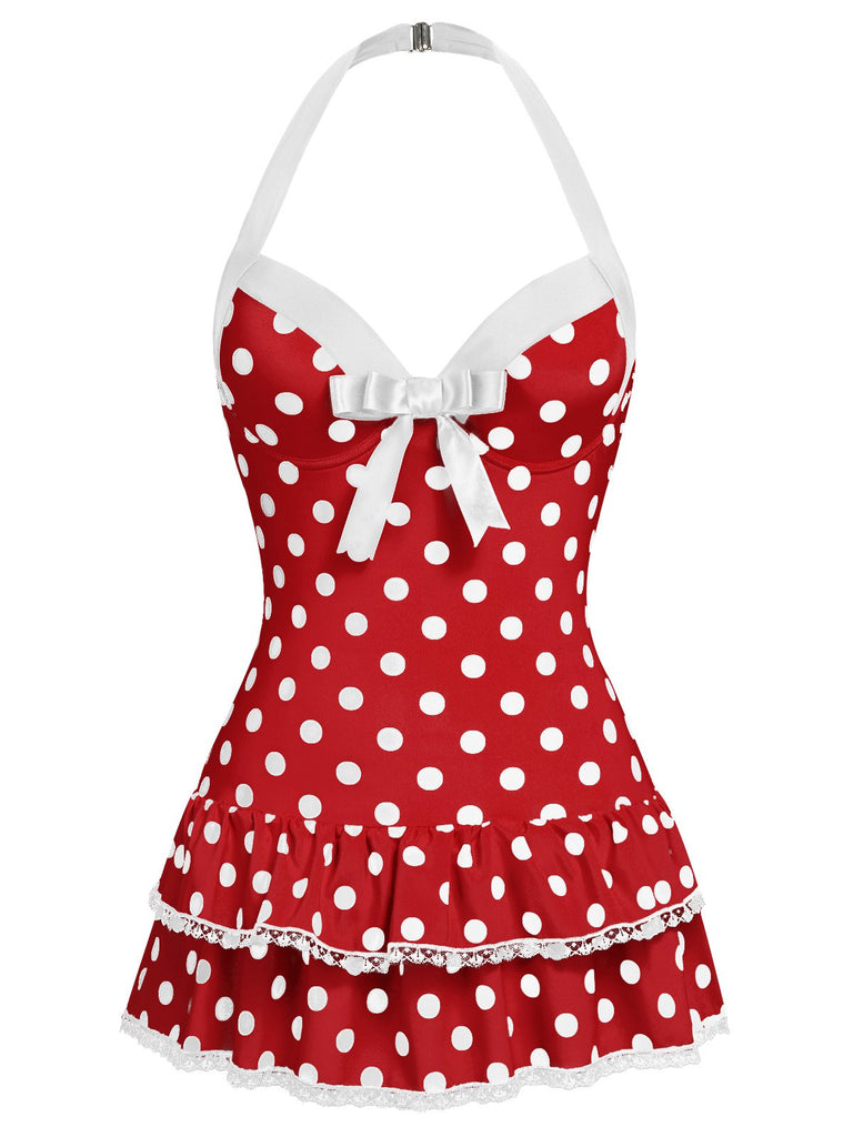 1940s Halter Polka Dots Bow One-Piece Swimsuit, classic vintage style summer beach collection