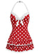 1940s Halter Polka Dots Bow One-Piece Swimsuit, classic vintage style summer beach collection