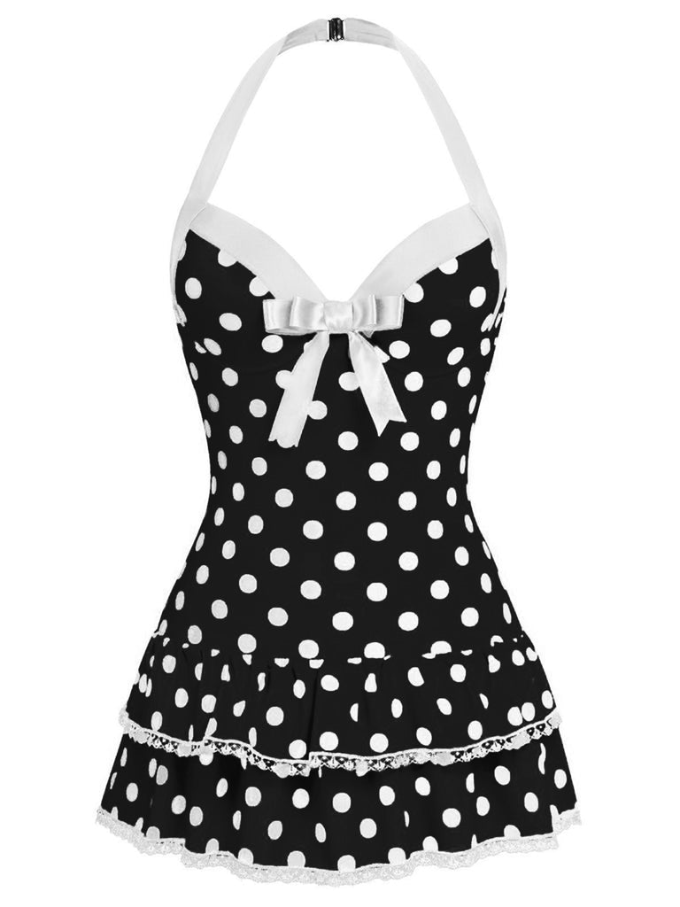 1940s Halter Polka Dots Bow One-Piece Swimsuit, classic vintage style summer beach collection