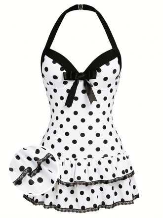 1940s Halter Polka Dots Bow One-Piece Swimsuit, classic vintage style summer beach collection
