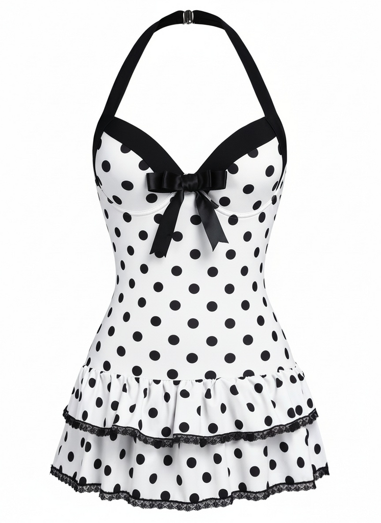 1940s Halter Polka Dots Bow One-Piece Swimsuit, classic vintage style summer beach collection