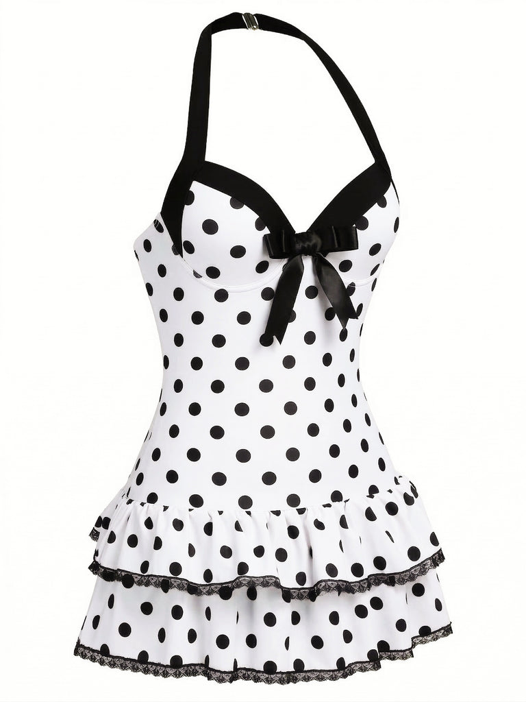 1940s Halter Polka Dots Bow One-Piece Swimsuit, classic vintage style summer beach collection