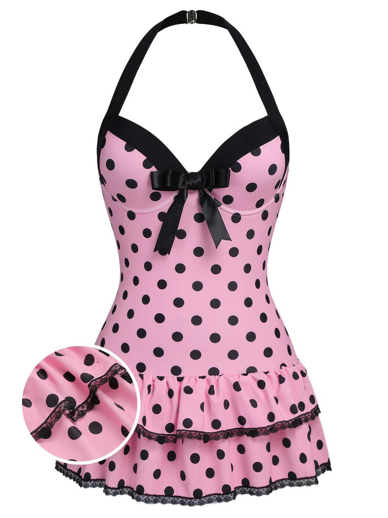 1940s Halter Polka Dots Bow One-Piece Swimsuit, classic vintage style summer beach collection