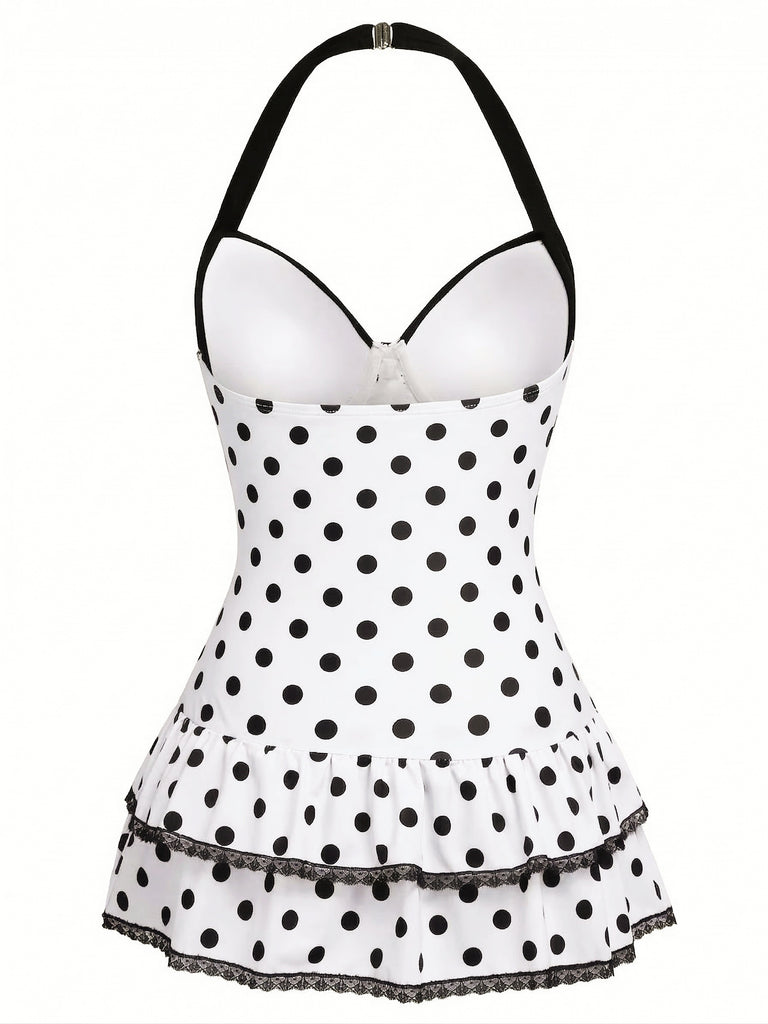 1940s Halter Polka Dots Bow One-Piece Swimsuit: beautiful vintage swimwear, retro swimsuit, pin-up style with timeless appeal