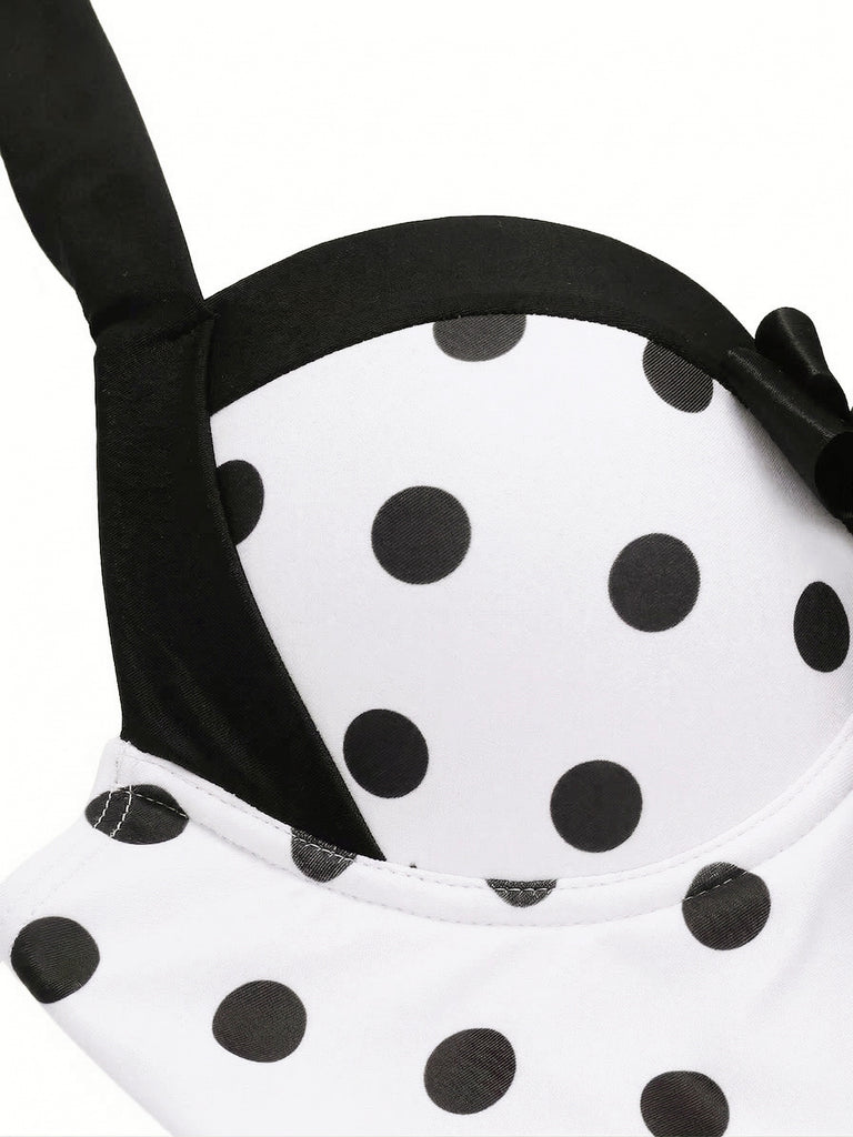 1940s Halter Polka Dots Bow One-Piece Swimsuit | vintage swimwear, retro swimsuit, pin-up style - perfect for retro fashion enthusiasts