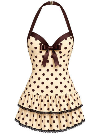 [Pre-Sale] Cream 1940s Halter Polka Dots Bow One-Piece Swimsuit, vintage swimsuit, pin-up swimwear - perfect for women who love vintage and retro fashion