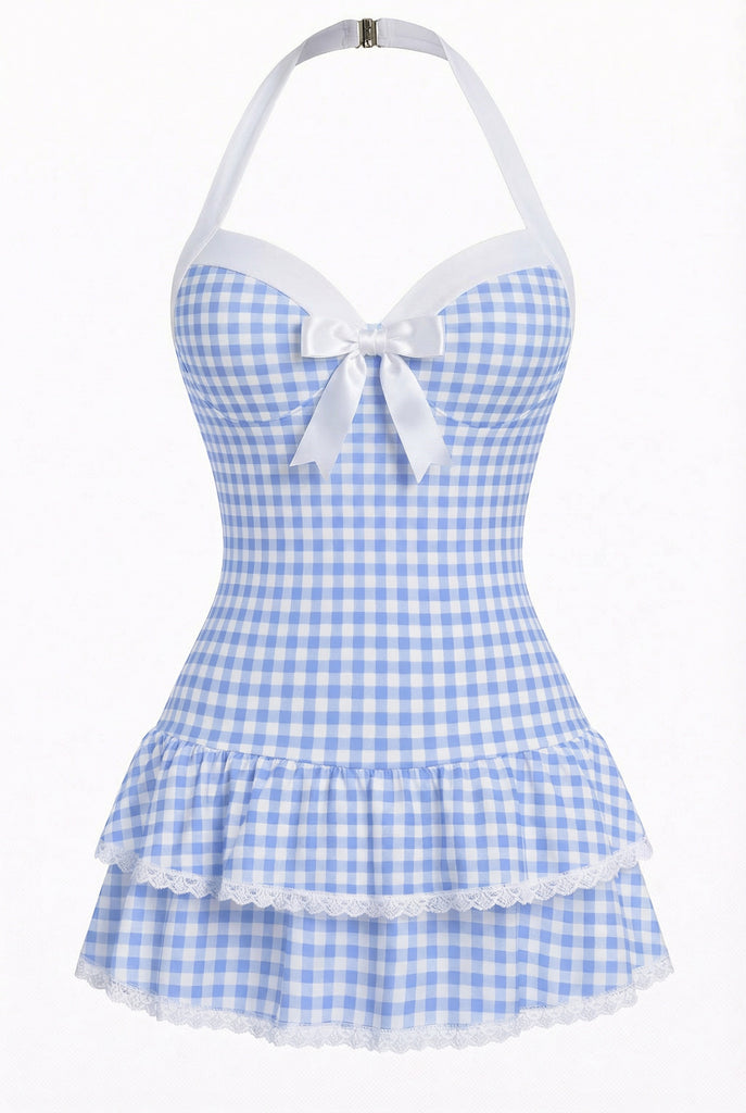 She's wearing 1940s Halter Polka Dots Bow One-Piece Swimsuit and the whole beach remembers the 1940s