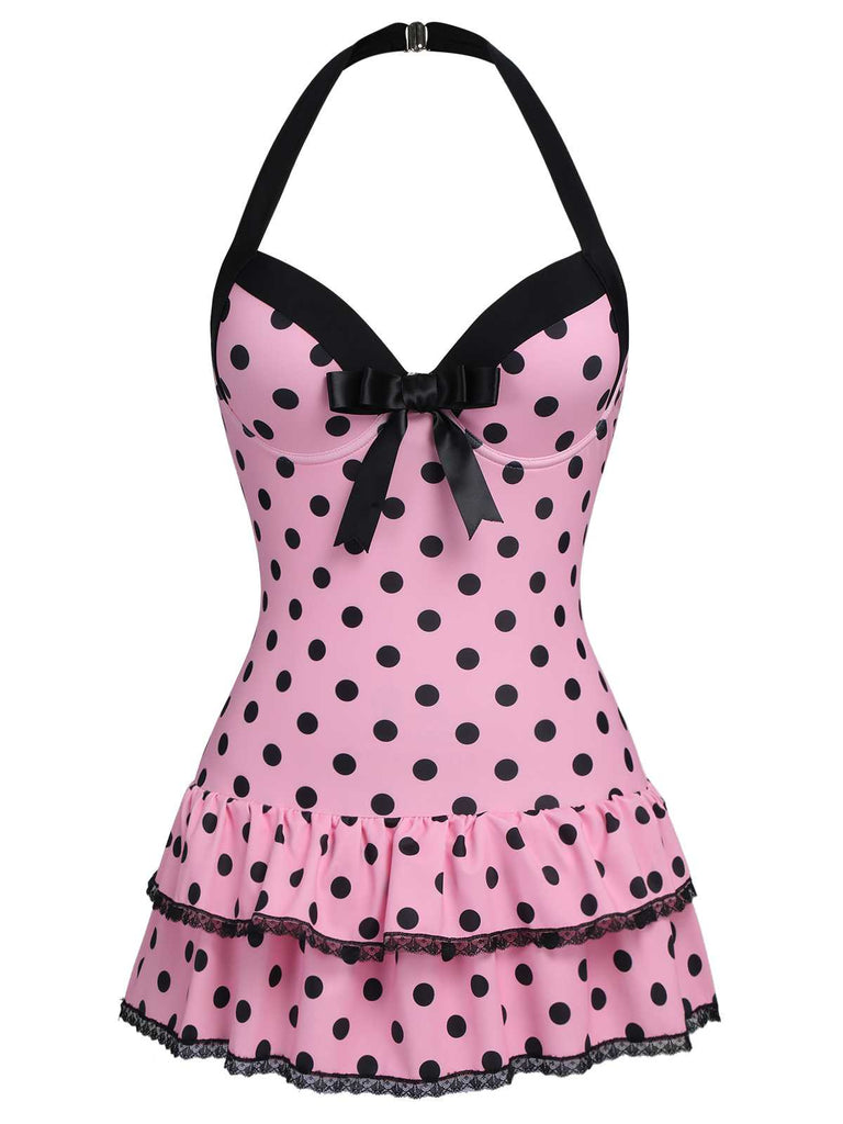 1940s Halter Polka Dots Bow Swimsuit, classic vintage style summer beach collection