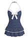 1940s Halter Stripe Bow One-Piece Swimsuit - vintage swimwear, retro swimsuit, pin-up style for vintage lovers
