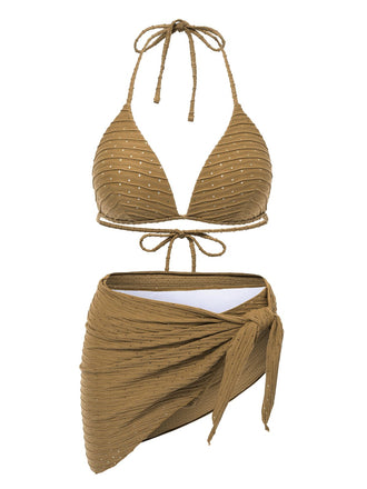 She's wearing 1940s Halter Textured Solid Bikini Set & Cover-Up and the whole beach remembers the 1940s