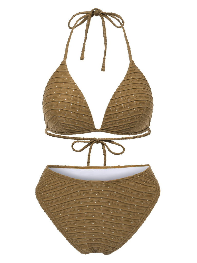 1940s Halter Textured Solid Bikini Set & Cover-Up: