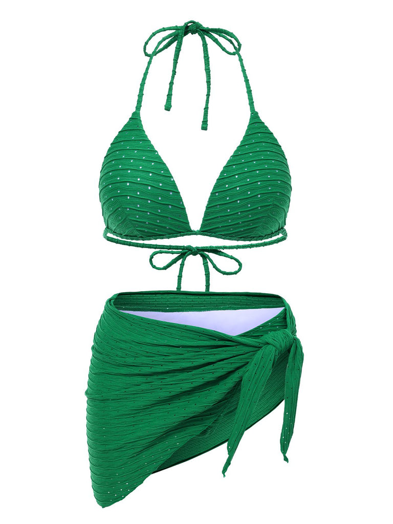 1940s Halter Textured Solid Bikini Set & Cover-Up 