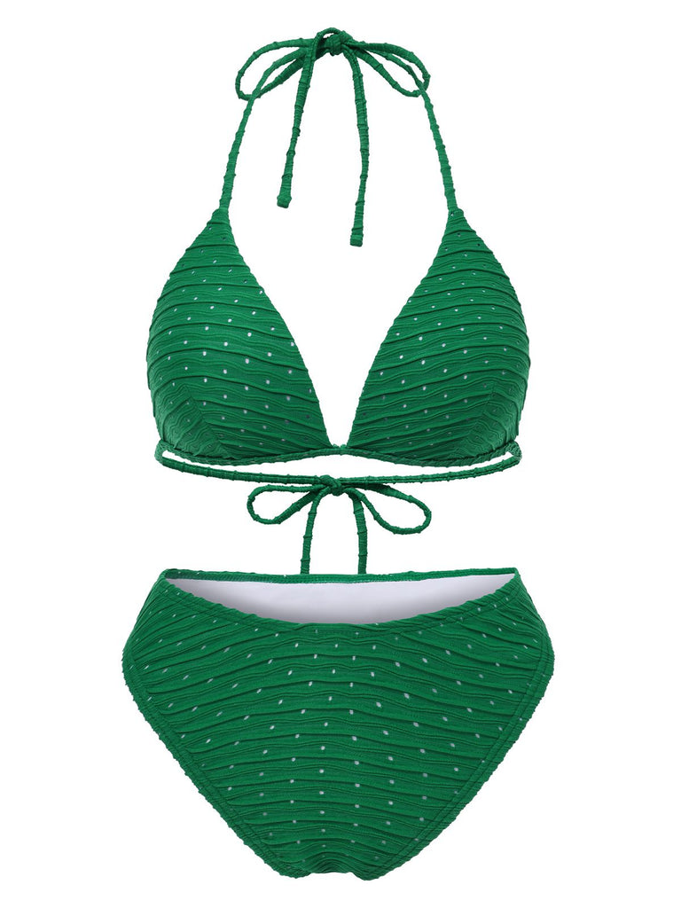 1940s Halter Textured Solid Bikini Set & Cover-Up:
