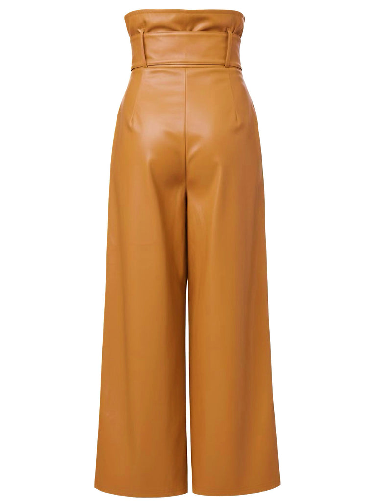 1940s High-Waist Metal Belt PU Leather Wide-Leg Pants - vintage fashion, retro style