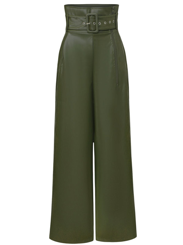 1940s High-Waist Metal Belt PU Leather Wide-Leg Pants - vintage fashion, retro style